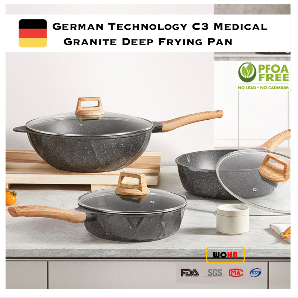 [WOHA] Granite Non Stick Deep Frying pans, Frying Wok, Maifan Stone