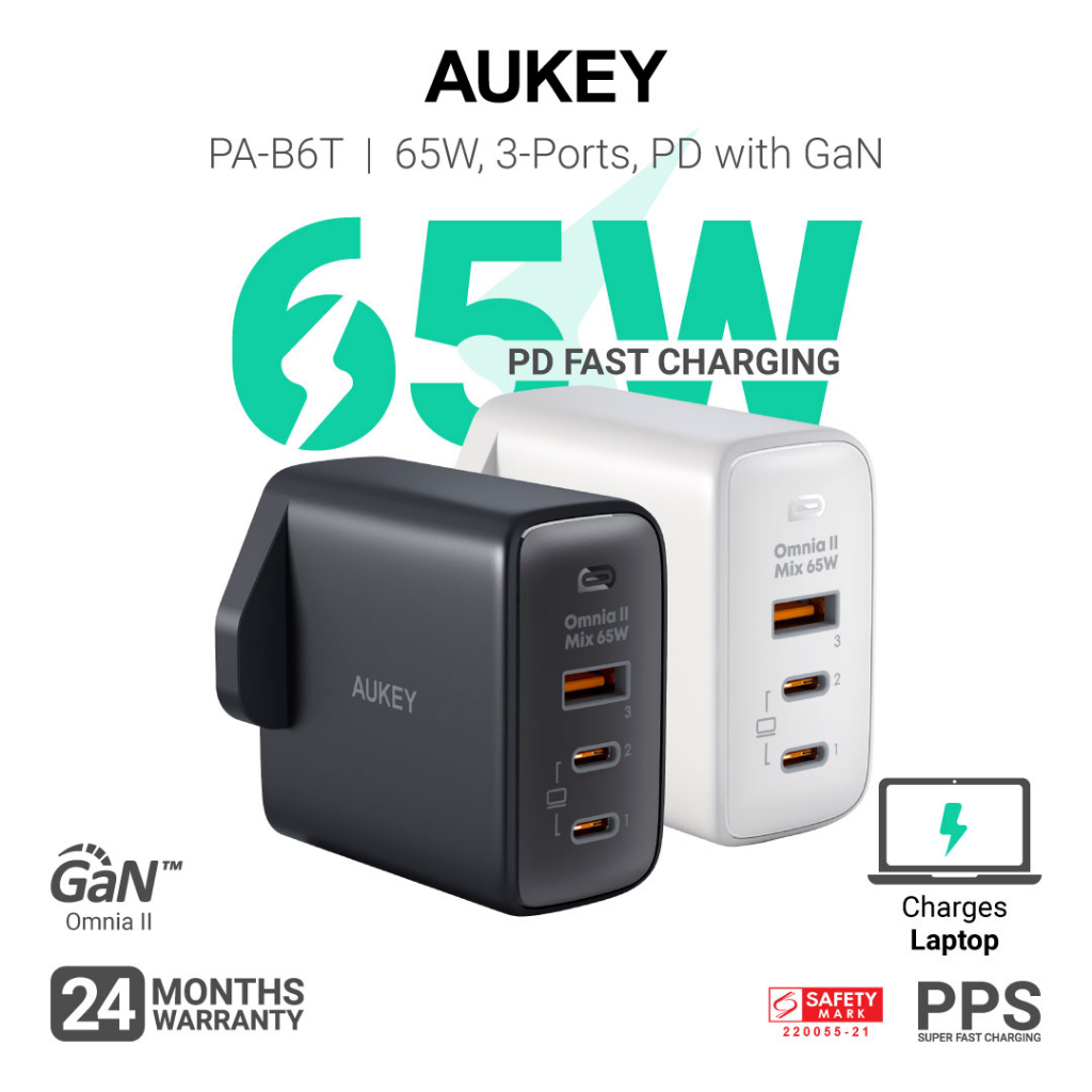 Aukey PA-B6T Omnia II 3-Port 65w PD & Super Fast Charging (PPS) Wall Charger w GaN Power Technology (24 Months Warranty)