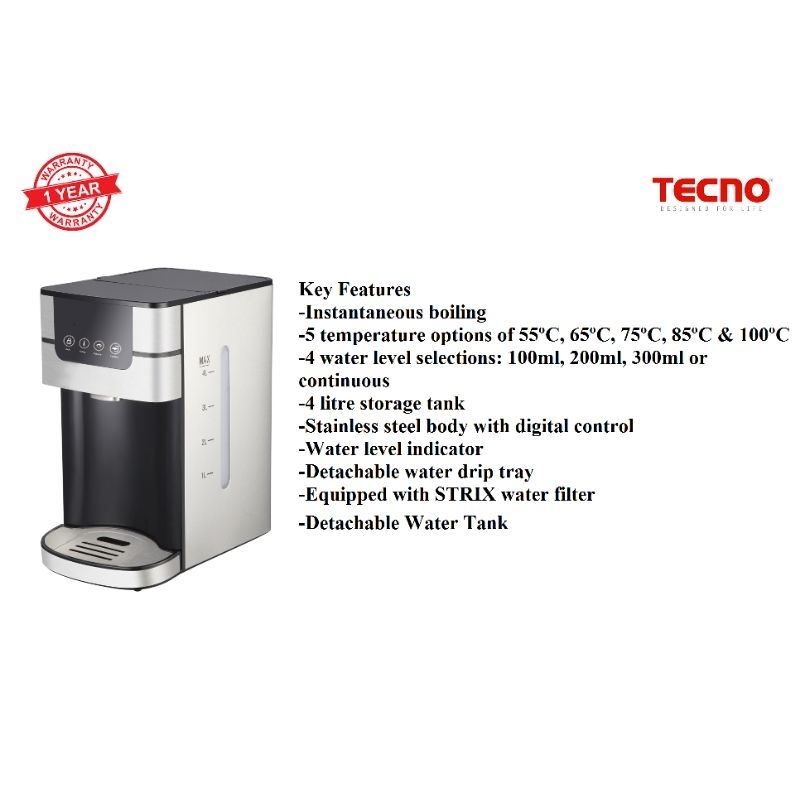 Tecno Instant Boiling water dispenser with detachable water tank and