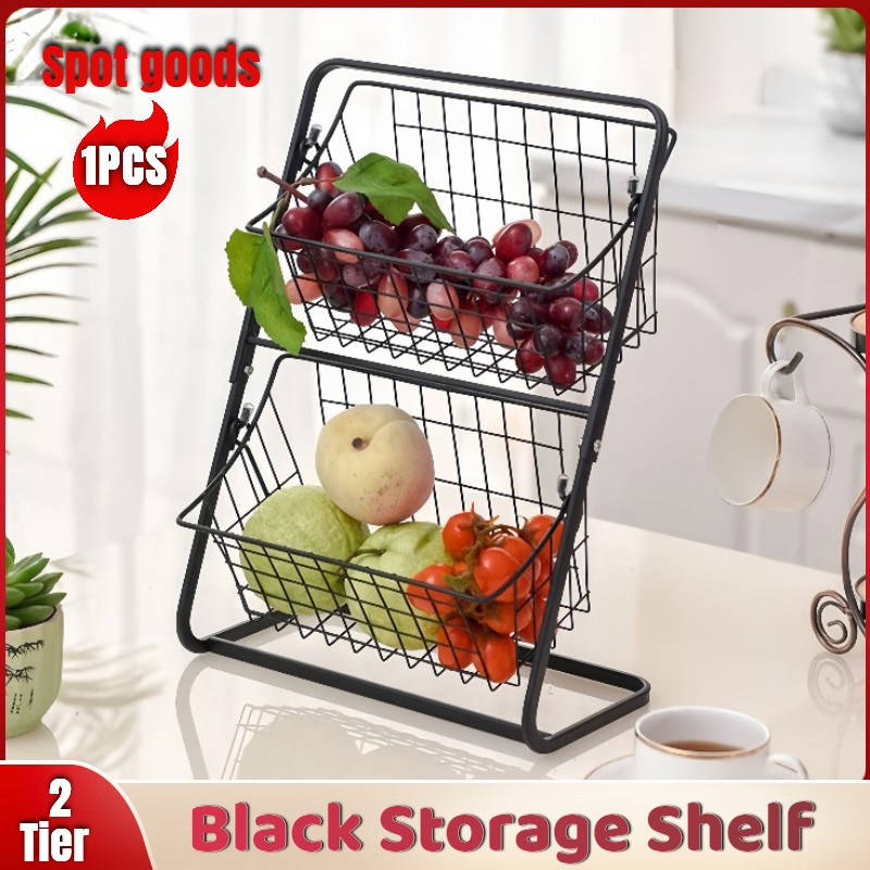 [Archer.]Portable 2Tier Black Storage Shelf Fruit Storage Basket
