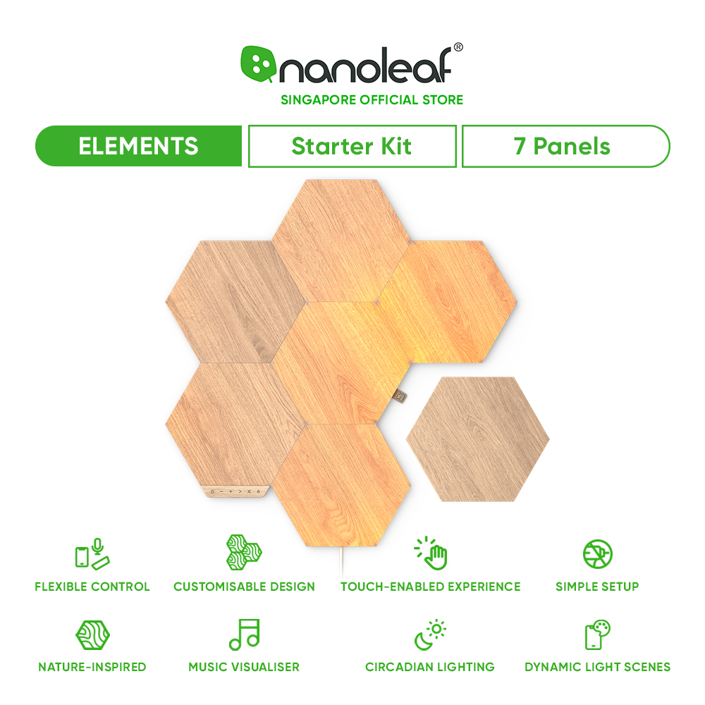 Nanoleaf Elements Wood Look Hexagons Smart Light Smarter Kit (7 panels ...
