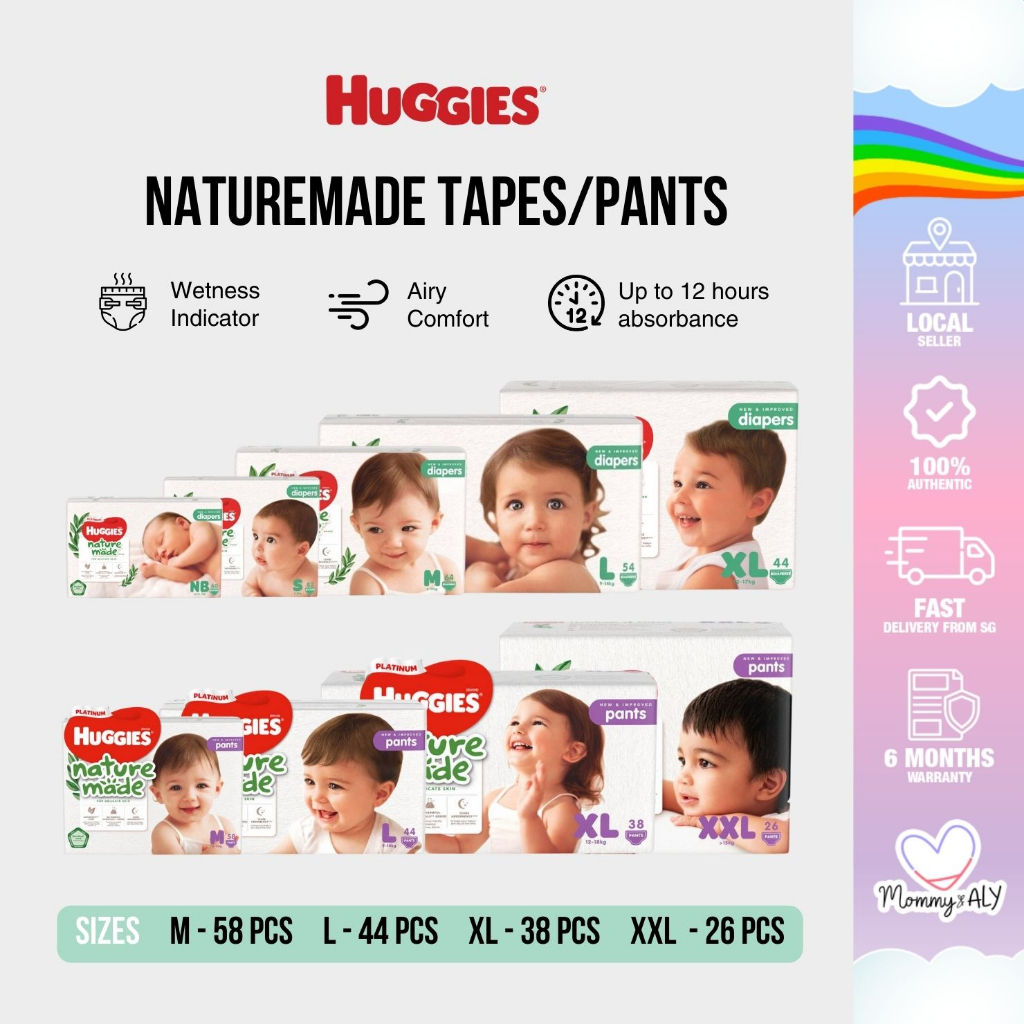 Huggies Naturemade Baby Diapers Pants/Tape UltraSoft Comfort & Leak
