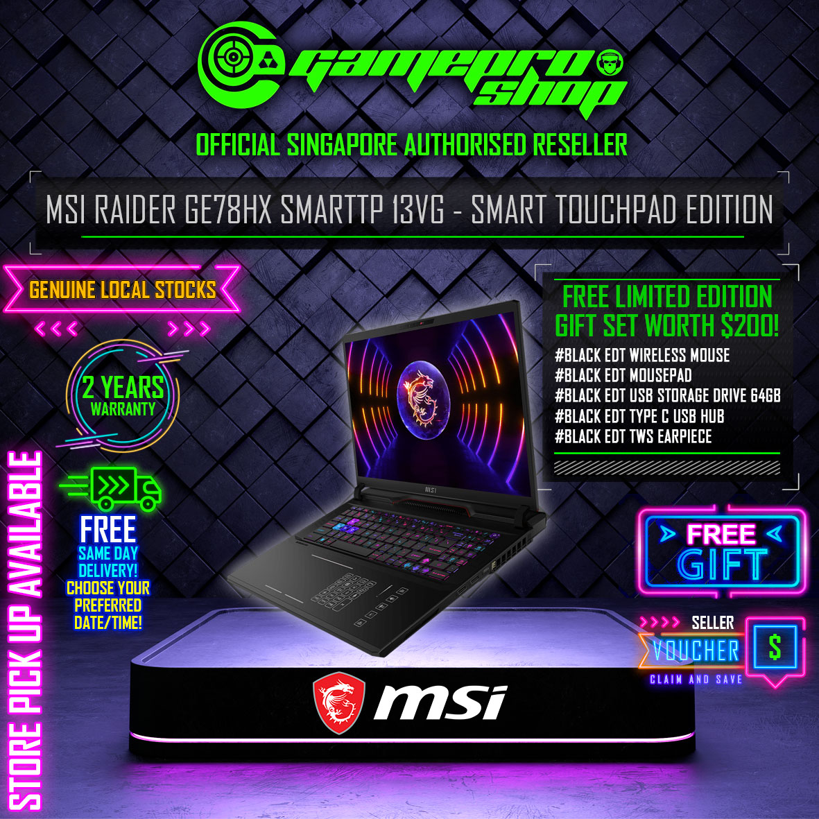 MSI Raider GE78HX SmartTP 13VG-061SG / i9-13980HX / RTX 4070 / 17' QHD+(2560x1600) / 240Hz / Windows 11 Home / 2Y