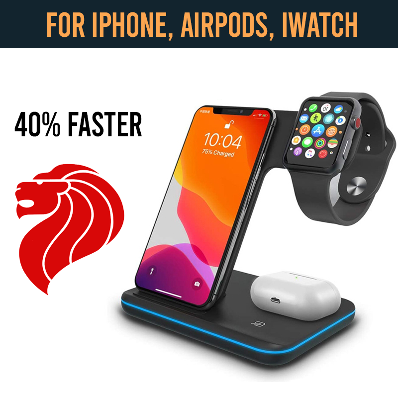 3 in 1 Wireless Charger Fast Efficient USB C Input for iPhone, Apple Watch, and AirPods
