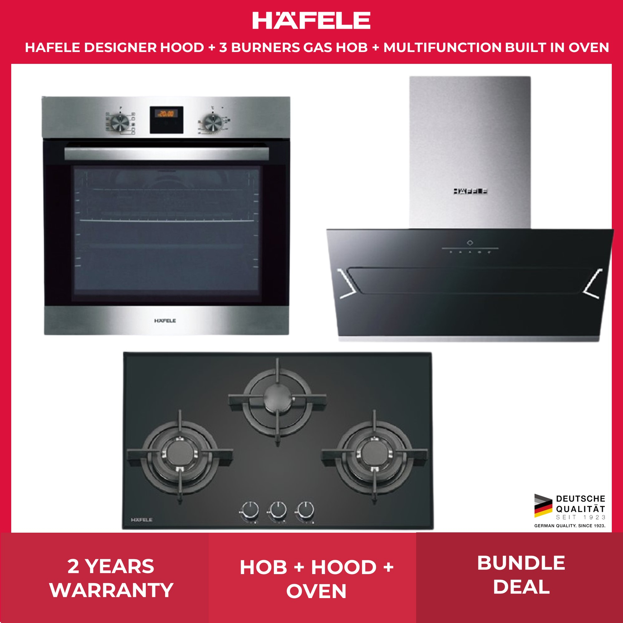 Hafele 90cm Designer Hood + 3 Burners Gas Hob (PUB) + Built In Oven ...