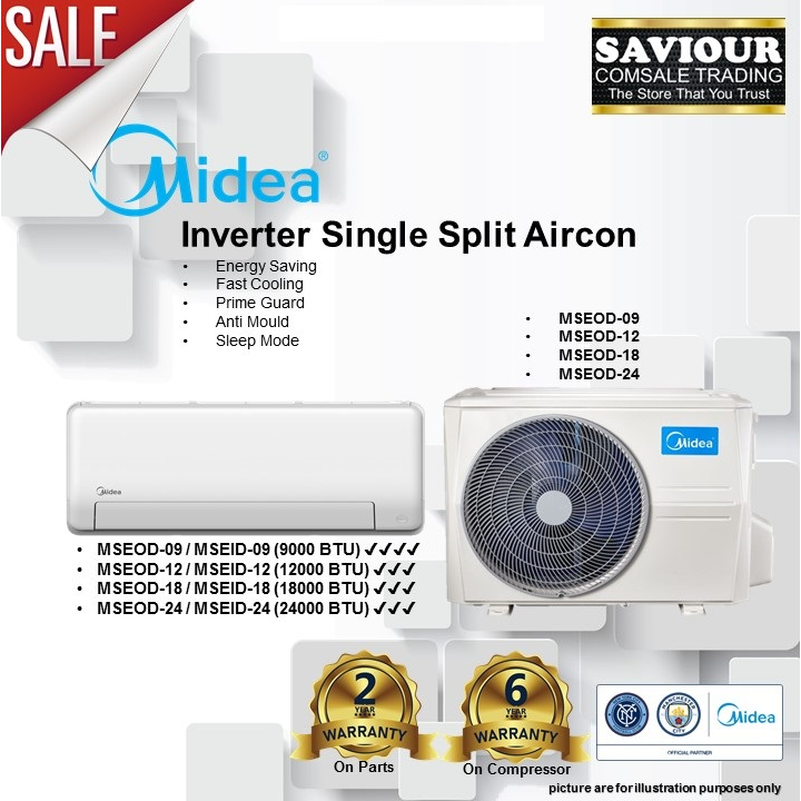 Midea System 1 Inverter Single Split Aircon R32 Gas 9000 / 12000 / 18000 / 24000 BTU FREE