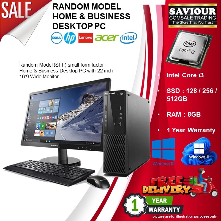 Random Model HP Lenovo Acer Dell Core i3 8GB 256SSD Home & Business Desktop PC with 22 inch Monitor - 12 month warranty