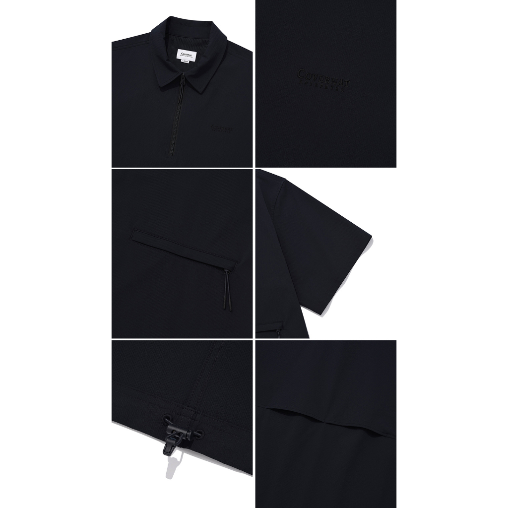 ★23SS★【COVERNAT】★Seersucker zip-up collar T-shir.t★ Covernat Unisex Seersucker Zipup Collar Tee Shirt Black