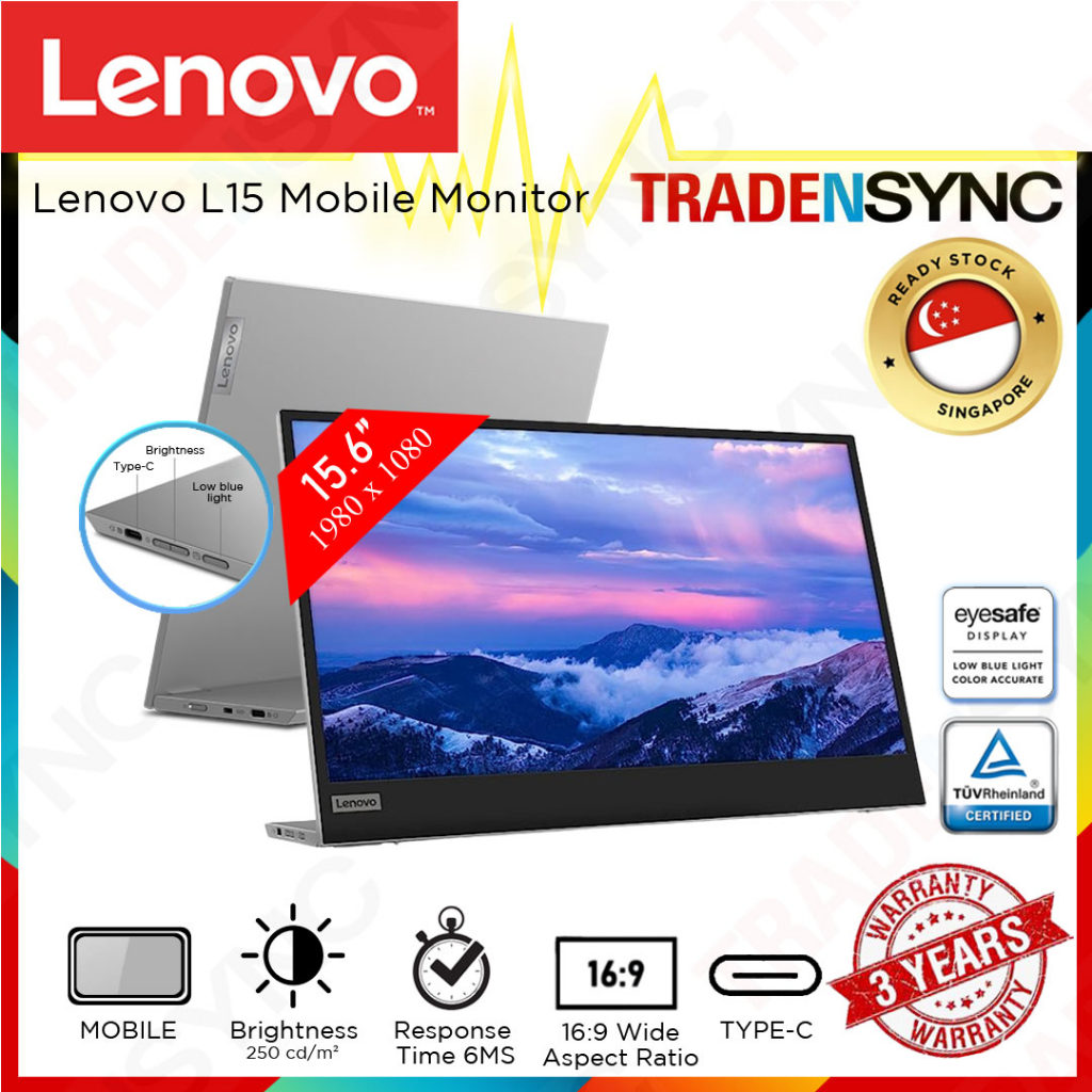 Lenovo L15 Portable Monitor 15.6" FHD IPS Screen, Easy Carry