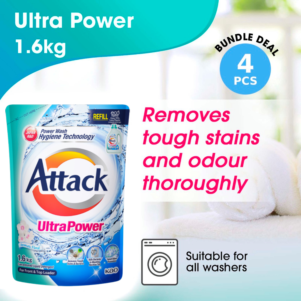 [Bundle Of 4] Attack Ultra Power Liquid Laundry Detergent Refill 1.4kg