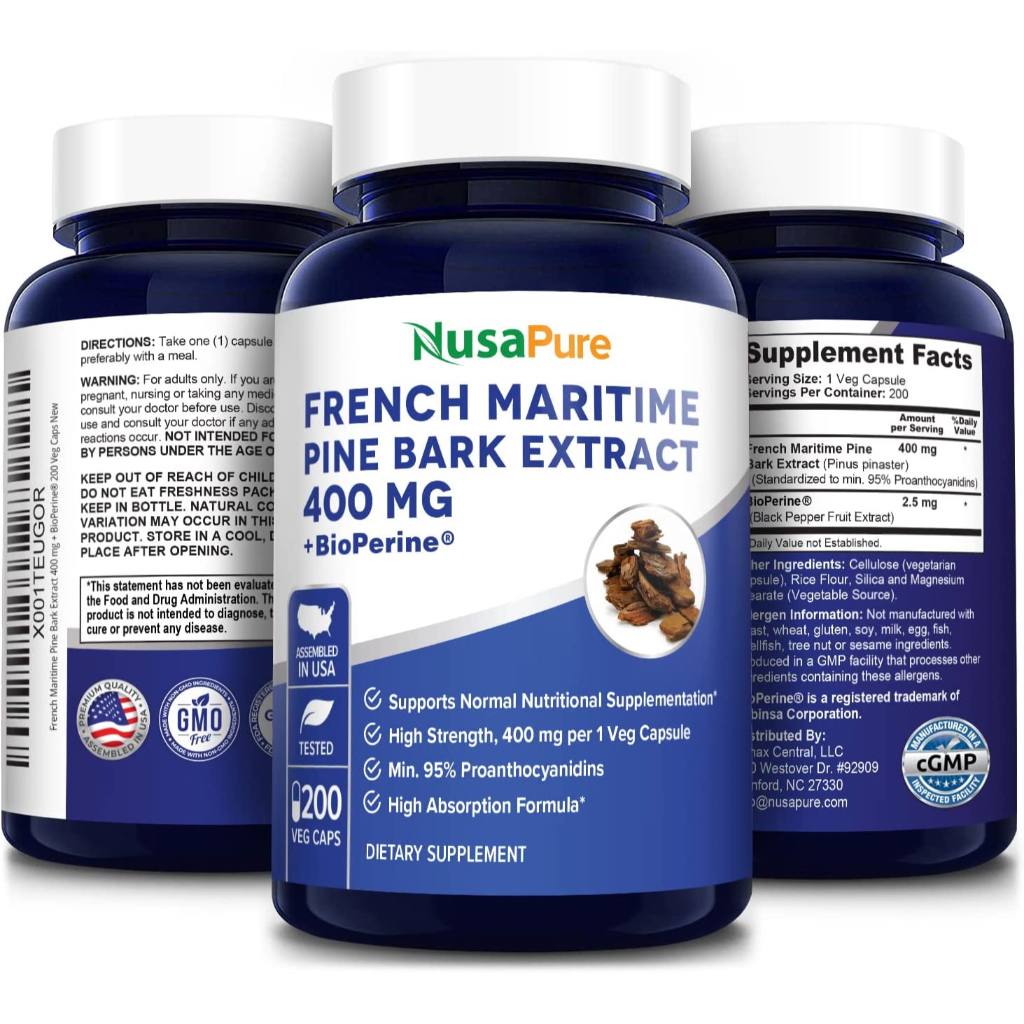 NusaPure French Maritime Pine Bark Extract 400mg 200 Veggie Capsules