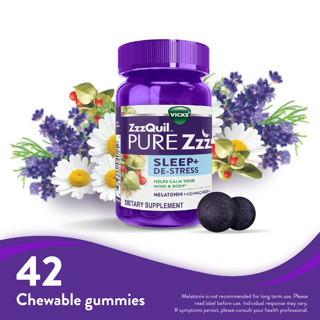 Vicks ZzzQuil Pure Zzzs Sleep+DeStress Melatonin Sleep Aid Gummies W Ashwagandha Helps Calm