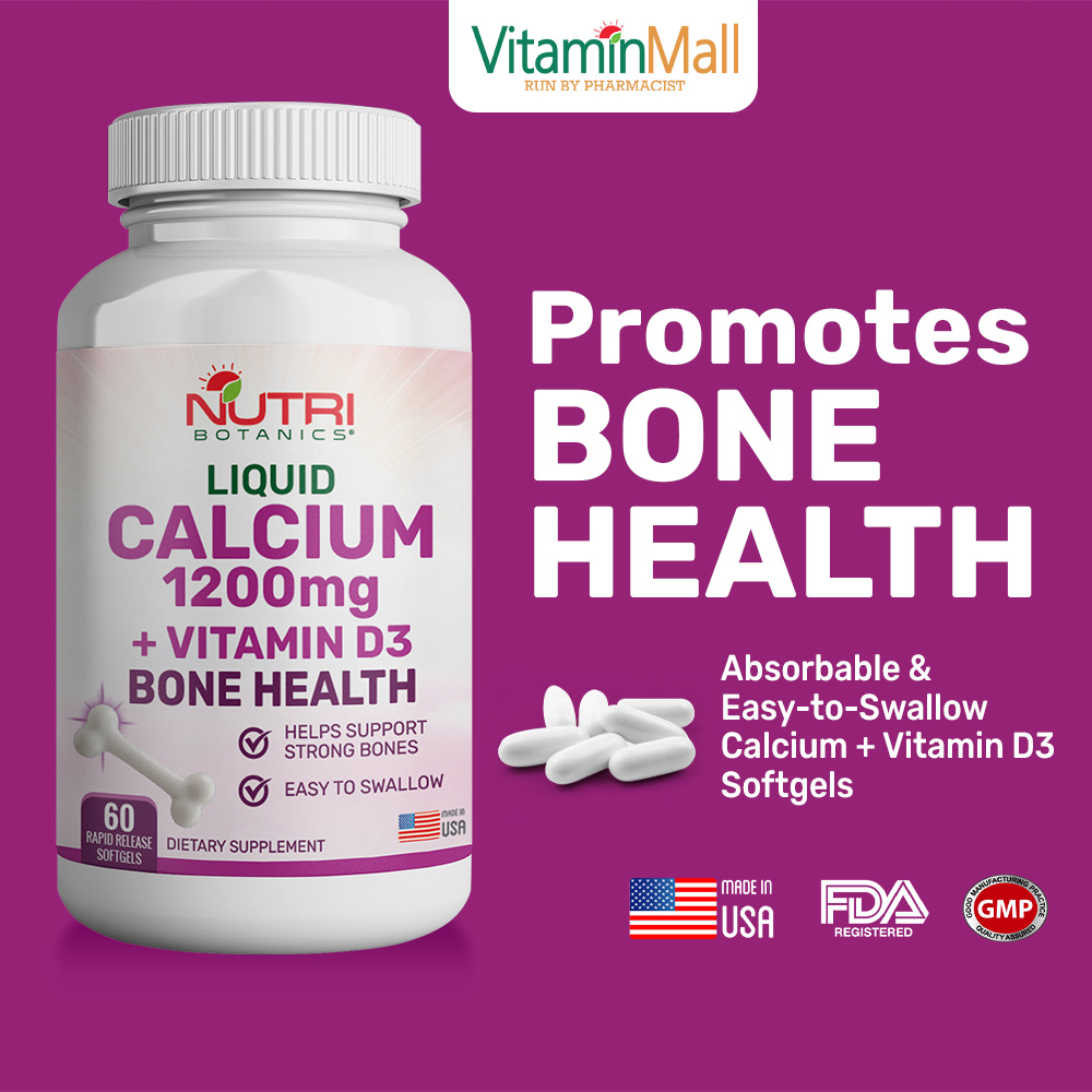 Nutri Botanics Calcium 1200mg + Vitamin D3 Calcium Supplement For Bone Support Softgels 60's