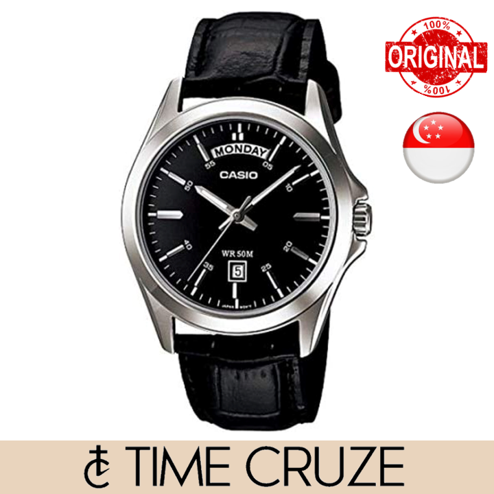 Time Cruze Casio Mtp 1370 Rolex Style Black Dial Day Date Leather