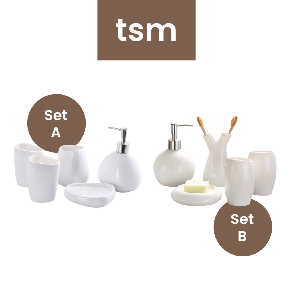 TSM Ceramic Bathroom Toiletries 5 Piece Set Minimalist Toothbrush