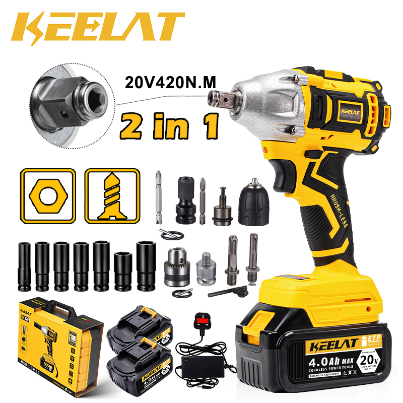 KEELAT SG 420Nm 288VF Electric Cordless Impact Wrench Gun 1/2'' Driver 2x 15000mAh Li-ion Battery Wrench Drill Tool