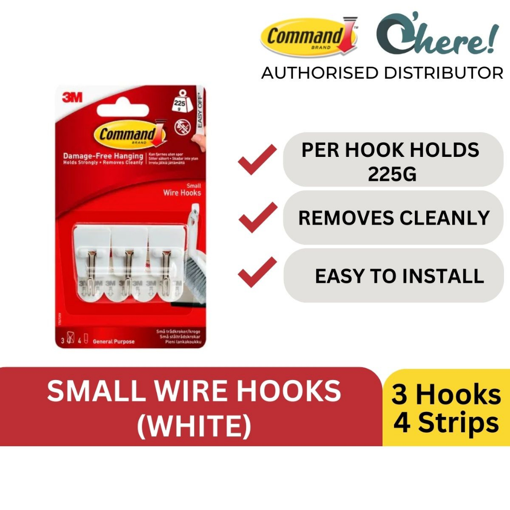 Command? Small Wire Hooks, White, 3 Hooks, 4 Strips/Pack