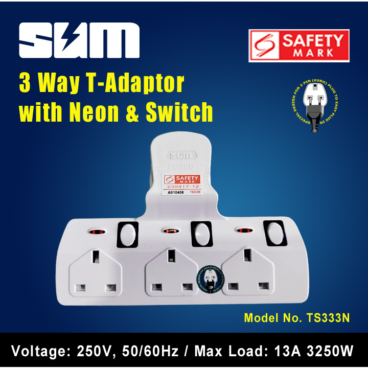 Singapore Safety Mark 3 Way TAdaptor with Neon and Switch Shopee Singapore