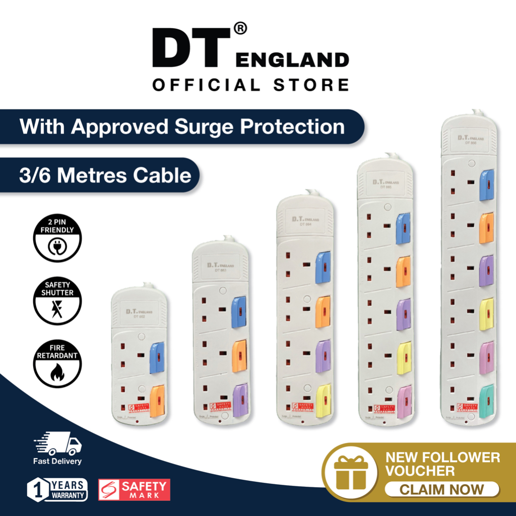 DT England 3/6 Metres Extension Socket Cord , Approved Surge Protection ...