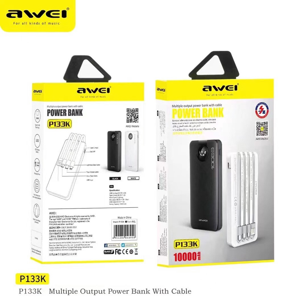 Awei 20000mah P134k Mobile Powerbank 10000mah P133k Digital Display