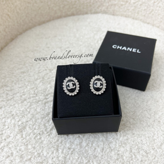 Chanel CC Huggie Silver and Crystal C Hoop Earrings