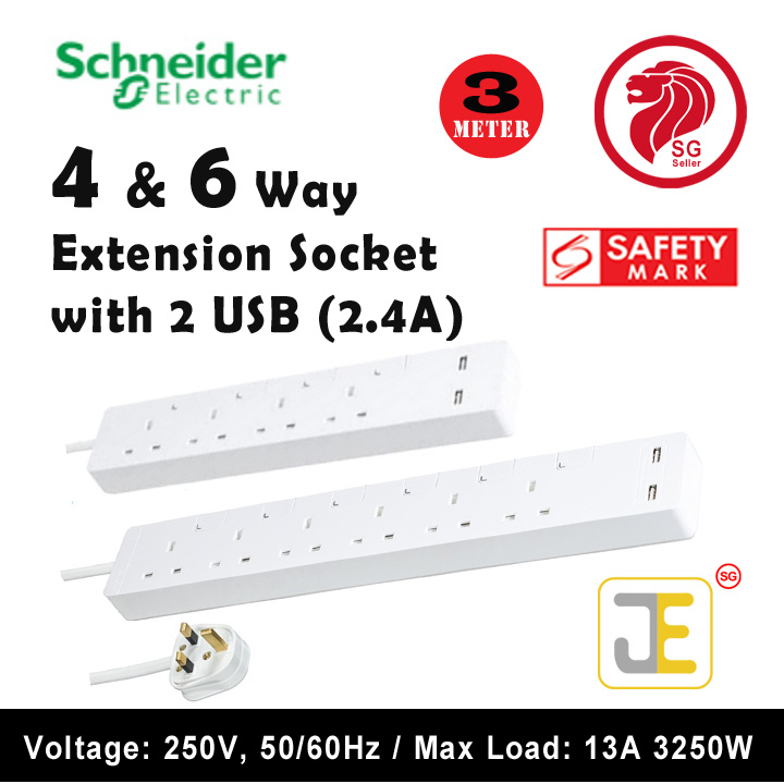 Schneider 4 and 6 Gang Extension Socket with 2 USB Ports (2.4A