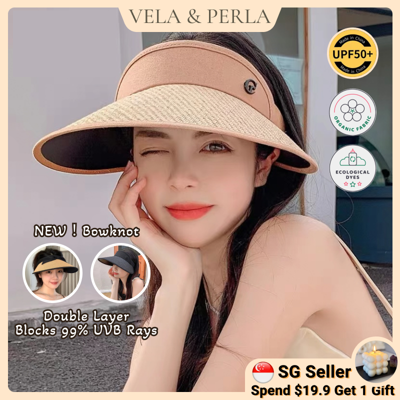 SG STOCK Vela Perla Women's Straw Visor UV Protection Sun Hat Wide Brim ...