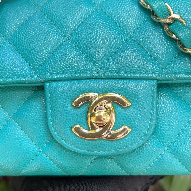 17C Chanel Turquoise Green-Blue Caviar Rectangular Mini Classic