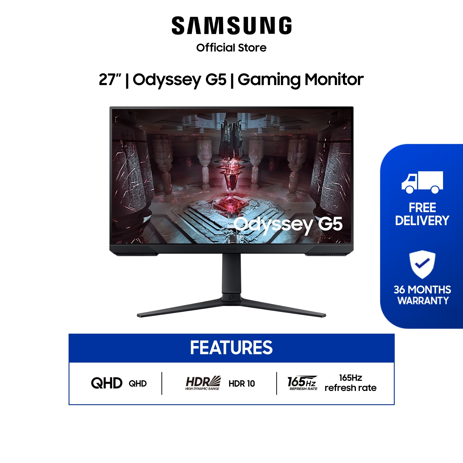 Samsung 27 Odyssey G5 G51c Gaming Monitor Ls27cg510eexxs 36 Months Warranty [to Ship Within