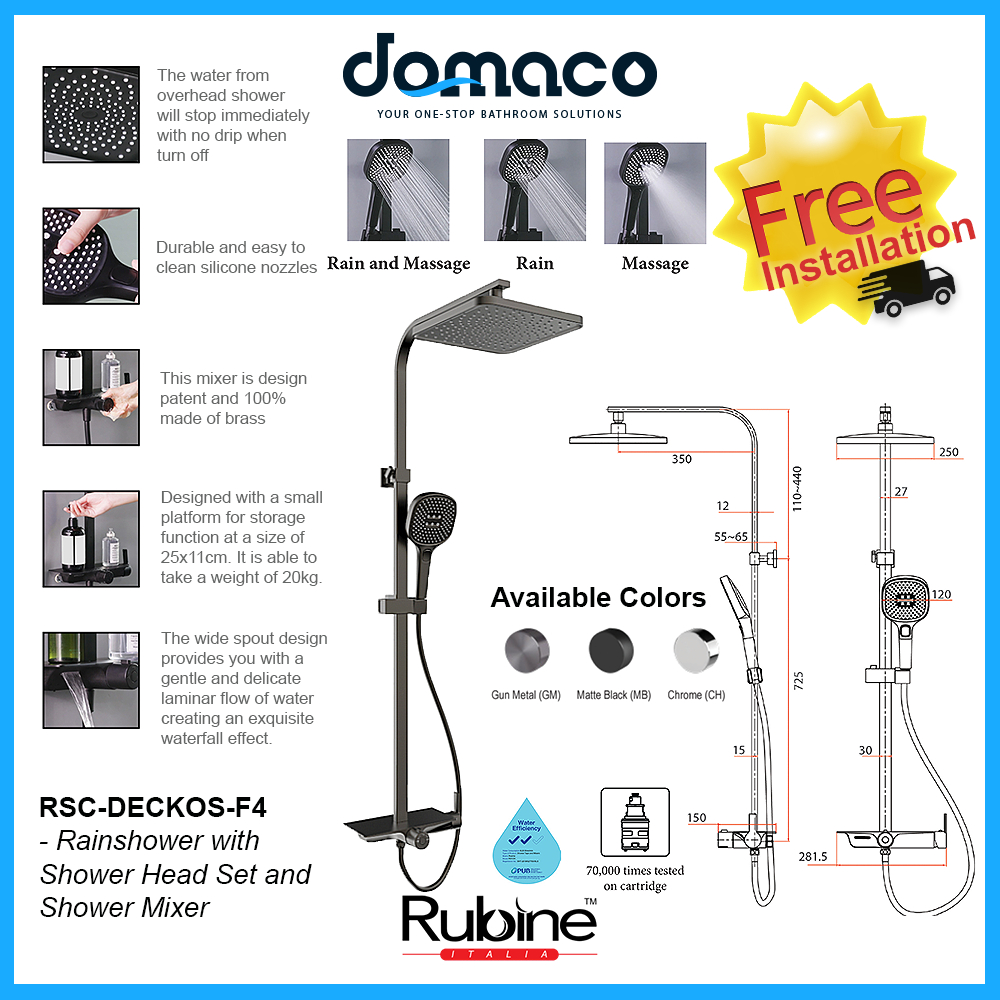 Rubine RSCDECKOSF4 Square Rain Shower Set with Hand Shower and Shower