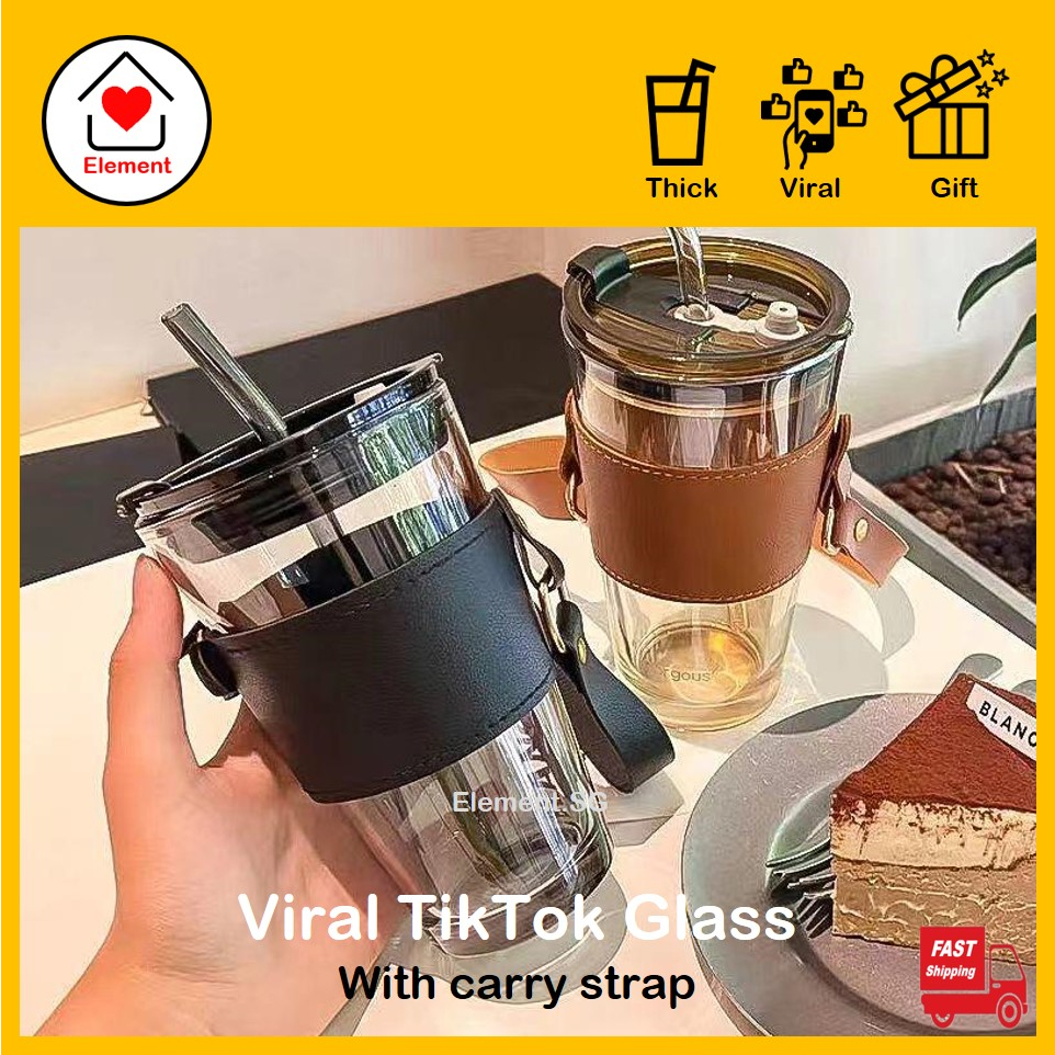 SG Stock] TikTok Glass Mug, Coffee Cup, Bubble Tea Milk Tea Tumbler with  Straw, Travel Mug with Leather