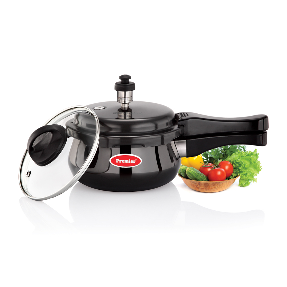 PREMIER ALUMINIUM TRENDY BLACK CUCINA HANDI PRESSURE COOKER WITH GLASS LID INDUCTION BOTTOM