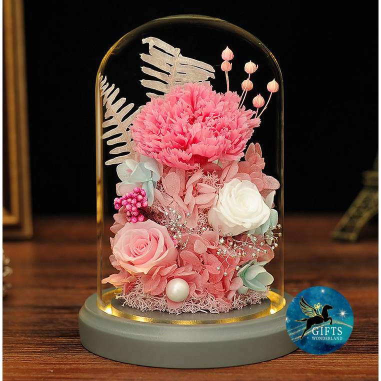 [Ready Stock] Preserved Carnation Rose Flower in Glass Dome for Mother