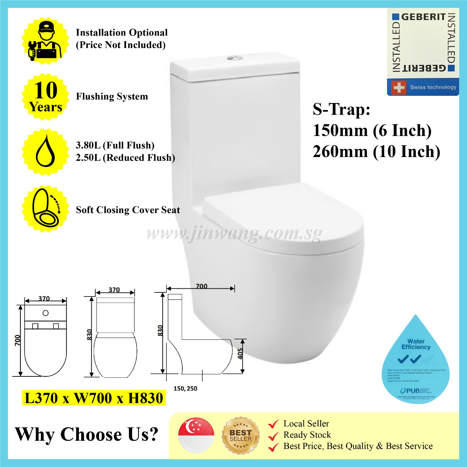 W888 One Piece Toilet Bowl *10 Years warranty on Mechanism* 150mm