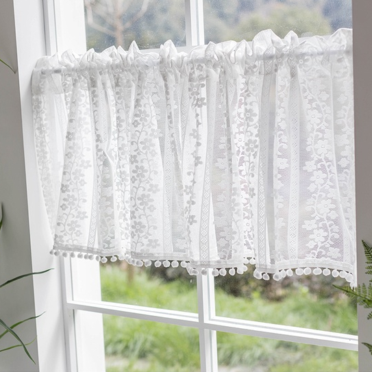 Short Curtain White Floral Lace Curtain with Pom Pom Half Sheer Curtain