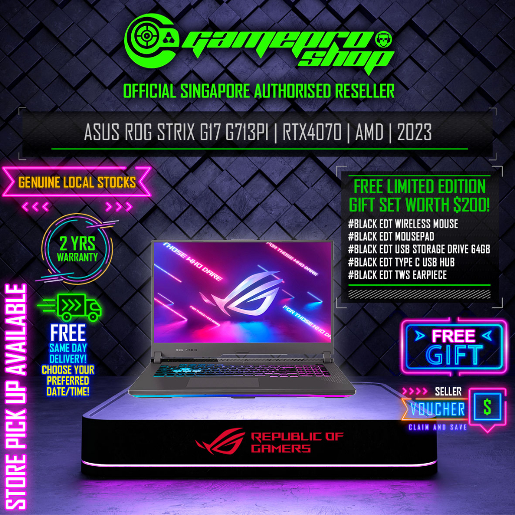PREMIUM GIFTS | ASUS ROG Strix G17 G713PI-LL056W Gaming Laptop / Ryzen 9 7845HX / RTX4070 / 17.3 WQHD 240Hz / W11 / 2Y