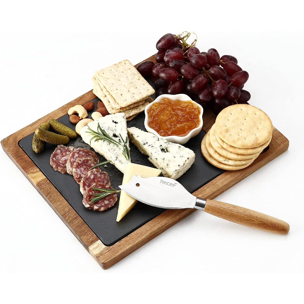 hecef Acacia Wood Cheese Board Set with Black Slate & Cheese knife ...