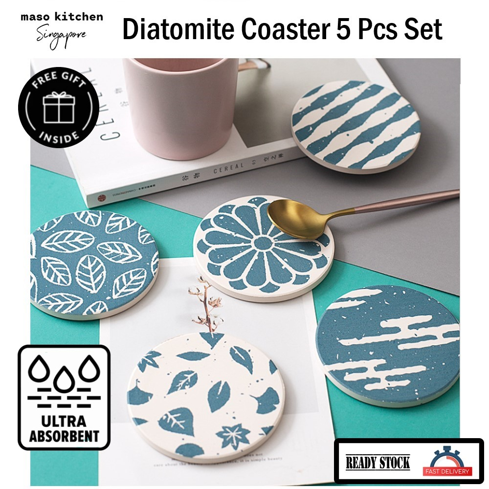 SG Seller Diatomite Coaster Set 5 Pcs Fast Absorption Non Slip