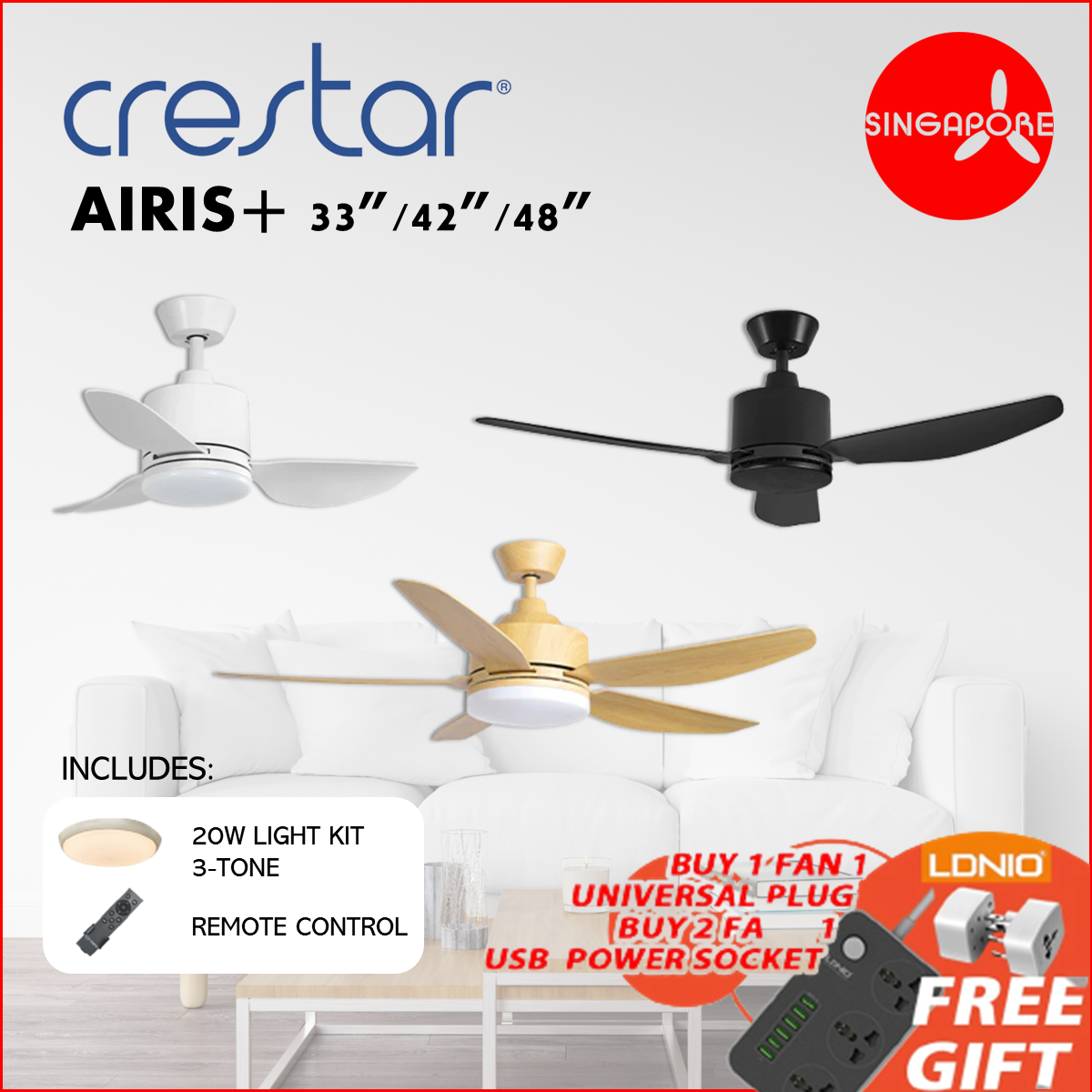 Crestar Ceiling Fan Airis+ Smart Series 33/42/48 inch 22W LED 3Tone Light Kit Remote Control