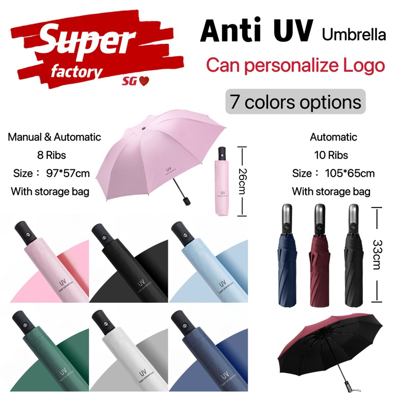[SG in stock]AntiUV Black/Silver Coating Automatic/ Manual Umbrella Waterproof Wind