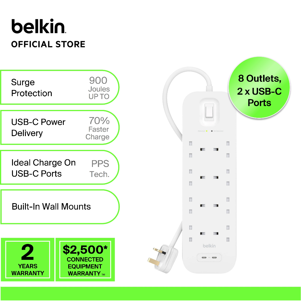 Belkin SRB004af2MREV Connect Surge Protector with 2 USBC Ports 2M