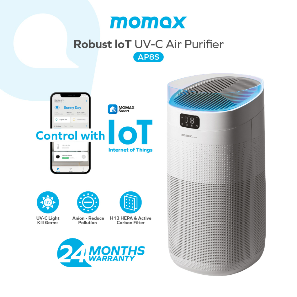Momax Robust IoT UVC Air Purifier Kills Airborne Germs, 2 YEAR LOCAL