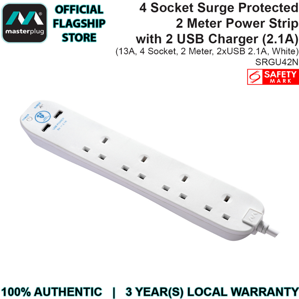 Masterplug SRGU42N Surge Protection Smart USB 2 X 2.1A with 4 Sockets X ...
