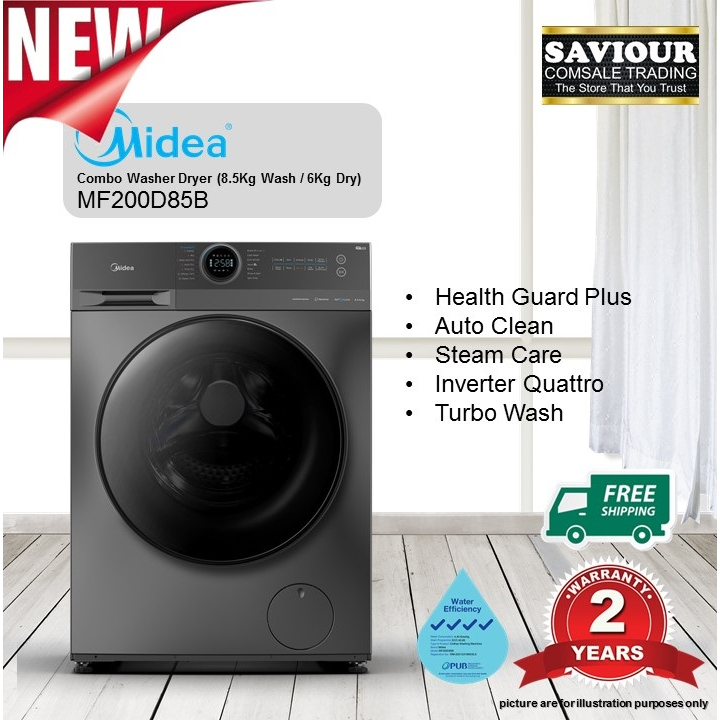 MIDEA MF200D85B 2 in 1 Combo Washer Dryer (8.5Kg Wash / 6Kg Dry) Free