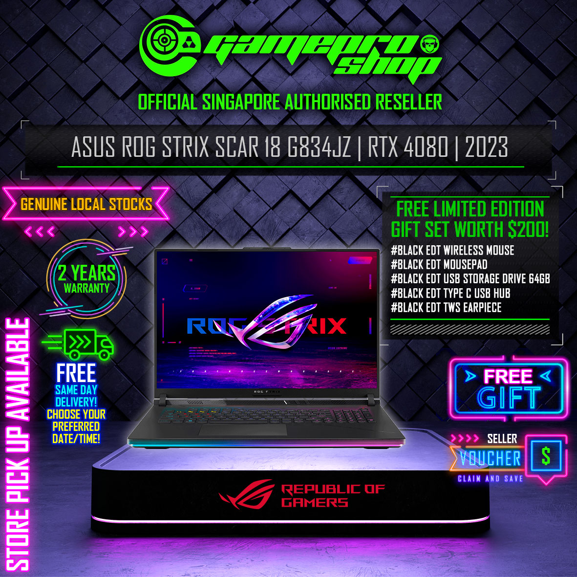 PREMIUM GIFTS | ASUS ROG Strix SCAR 18 G834JZ-N6039W Gaming Laptop / i9-13980HX / RTX4080 / 18′ QHD+ 240Hz / W11 / 2Y