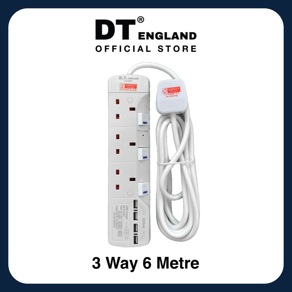 DT England 6M Extension Socket Cord With 4 USB , Approved Surge ...