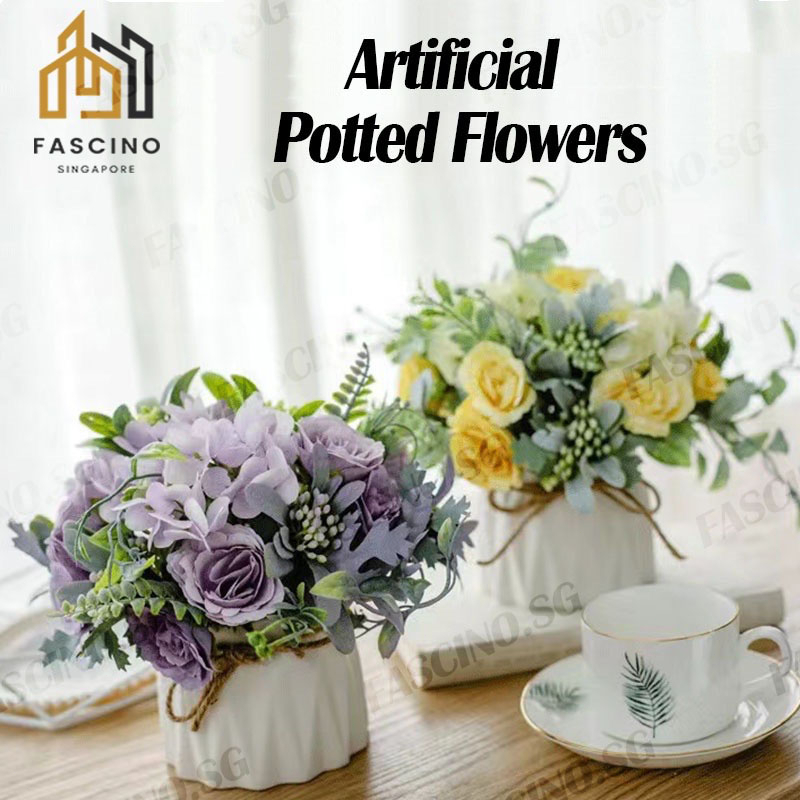 【SG】Artificial Potted Flowers Fake Flower Ceramic Vase Pot Balls Bonsai for Home Decor Wedding