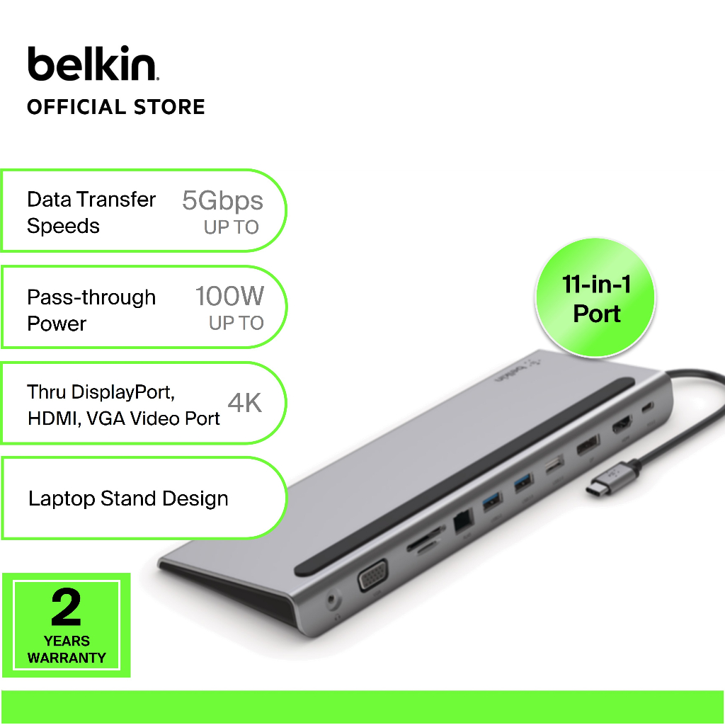 Belkin USB C Hub, 11-in-1 Docking Station For MacBook Pro/Air - 4K HDMI,  DP, VGA, 100W PD, USB A, Gigabit Ethernet, SD - INC004BTSGY - Docking  Stations & Port Replicators 