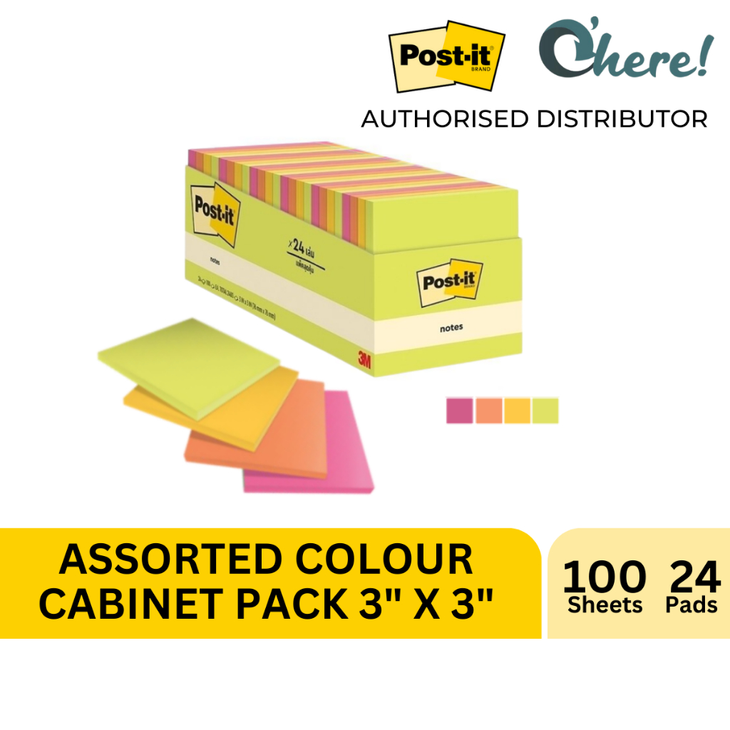 Post-it Notes Assorted Colors Promo Pack - 18+6 Free Pads, 100 Sheets Each, 3x3 Inch Self-Stick Notes For Office & School