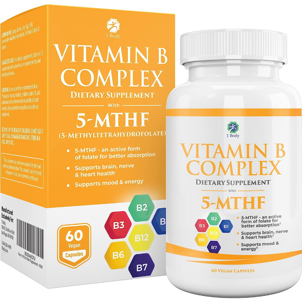 1 Body Vitamin B Complex 60 Capsules 5MTHF Folate with B1, B2, B5, B6